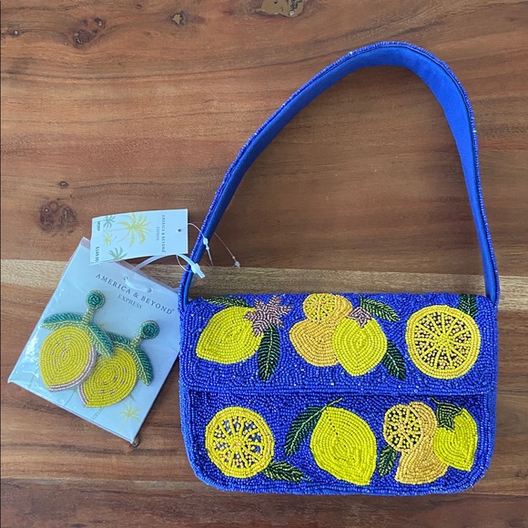 Viral America & Beyond beaded lemon bag w/ earring set Europe travel spring NWT - Picture 12 of 16